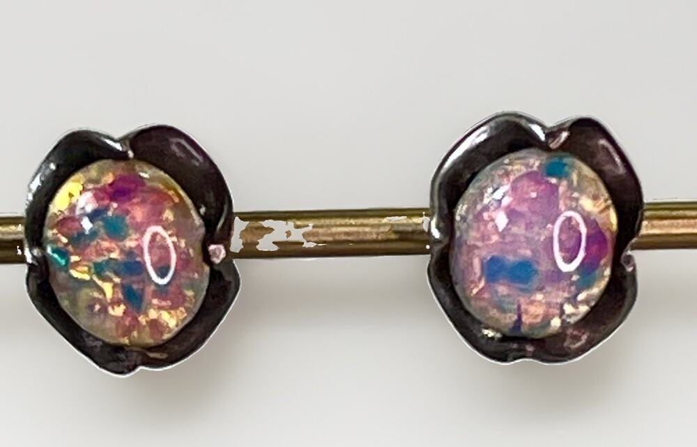 VTG 925 Sterling Silver Opal Floral Stud Earrings 6.7g Handmade